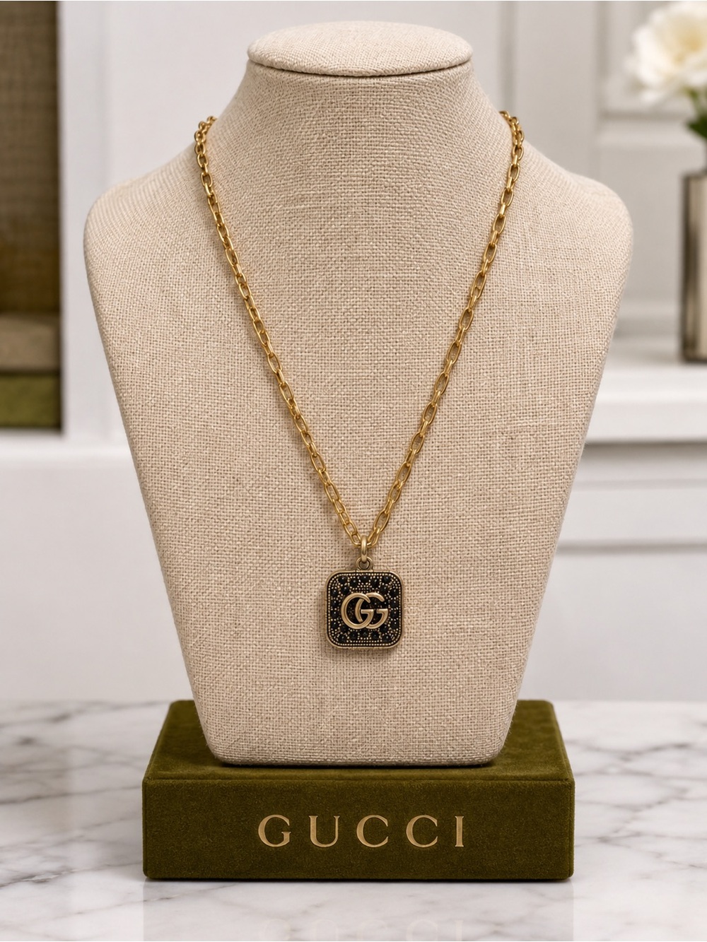 Gucci Gold Chain Necklace with Black GG Square Pendant